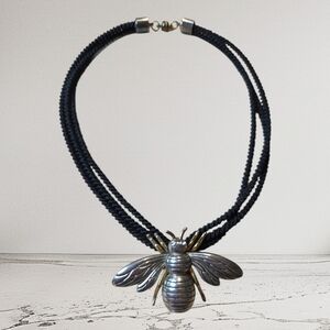 Vintage MJ Silver And Gold Bee Black Cord Pendant Necklace